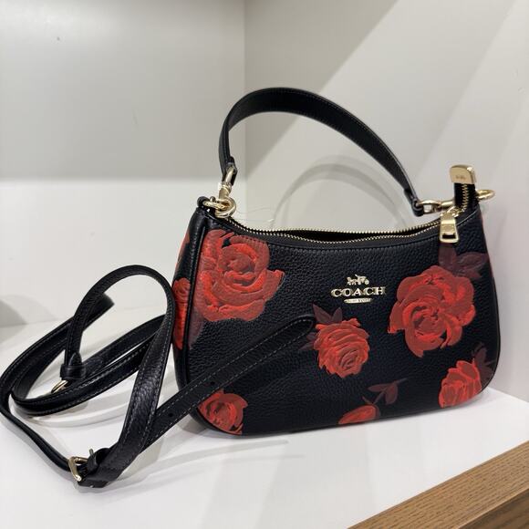 Coach Teri Shoulder Bag With Floral Print CCE28 Black/Red - Picture 1 of 8